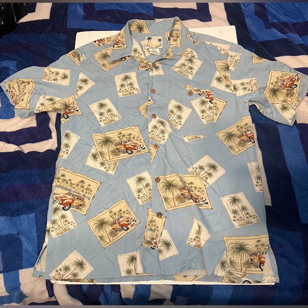 Banana Cabana Blue Hawaiian Shirt Palm Tree Vintage Red Truck 100% Silk Size Med
